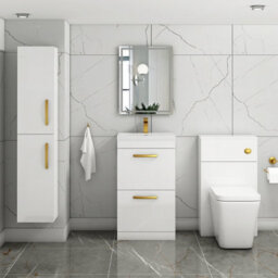 Royal Bathrooms Turin Gloss White 500mm Floor Standing Vanity Unit 2 Drawer With Mid-Edge Basin Sink & Brushed Brass Handles - thumbnail 2