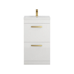 Royal Bathrooms Turin Gloss White 500mm Floor Standing Vanity Unit 2 Drawer With Mid-Edge Basin Sink & Brushed Brass Handles - thumbnail 6