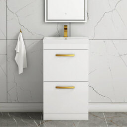 Royal Bathrooms Turin Gloss White 500mm Floor Standing Vanity Unit 2 Drawer With Mid-Edge Basin Sink & Brushed Brass Handles