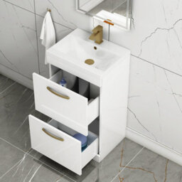 Royal Bathrooms Turin Gloss White 500mm Floor Standing Vanity Unit 2 Drawer With Mid-Edge Basin Sink & Brushed Brass Handles - thumbnail 5