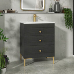 Royal Bathrooms Royal Bathroom Verona 600mm Black Woodgrain 3-Drawer Floor Standing Bathroom Vanity Unit With Stone Basin & Brushed Brass Knob