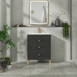 Royal Bathrooms Royal Bathroom Verona 600mm Black Woodgrain 3-Drawer Floor Standing Bathroom Vanity Unit With Stone Basin & Brushed Brass Knob - thumbnail 4