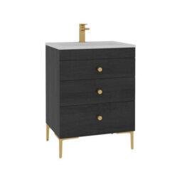 Royal Bathrooms Royal Bathroom Verona 600mm Black Woodgrain 3-Drawer Floor Standing Bathroom Vanity Unit With Stone Basin & Brushed Brass Knob - thumbnail 6