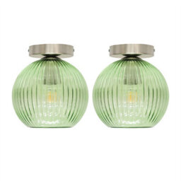 First Choice Lighting Set Of 2 Betchley - Green Glass Globe Satin Nickel Ceiling Lights - thumbnail 1
