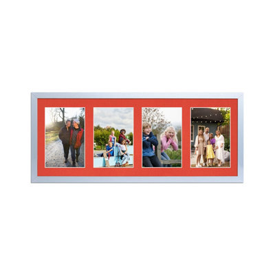 AK Frames 50X20Cm Silver Sleek Multi Photo Frame With Poppy Red Mount - Holds 4 Apertures (4X) 6X4 Photos - image 1
