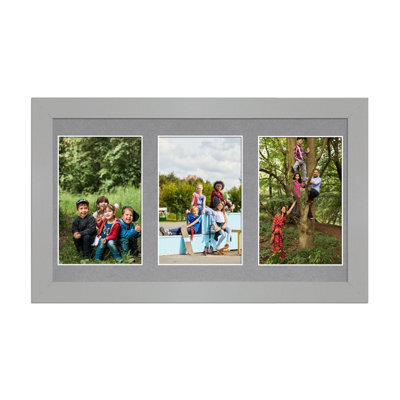 AK Frames 40X20Cm Silver Modern Multi Photo Frame With Mid Grey Mount - Holds 3 Apertures (3X) 6X4 Photos - image 1