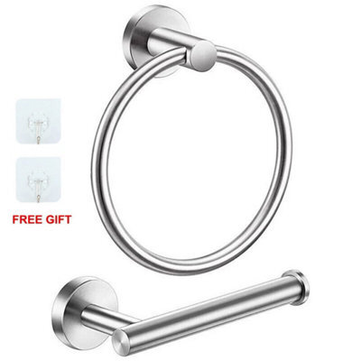 New Stainless Steel Toilet Roll Holder And Towel Ring Set Bathroom Wall Mounted - Silver (Toilet Roll + Ring Set) - image 1