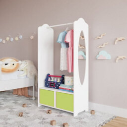 Urbn-Living Urbnliving 120Cm Height Kids White Wooden Hanging Clothes Rail Green Wardrobe Storage Shelves With Mirror - thumbnail 2