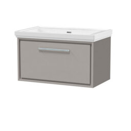 Balterley Longnor Modern Wall Hung Single Drawer Bathroom Vanity With Fireclay Basin, Pebble Grey, 800mm - thumbnail 1