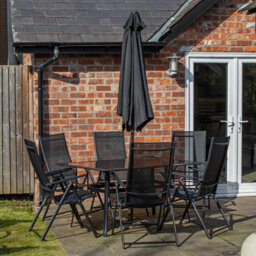Samuel Alexander Outdoor 6 Person Rectangular Glass Top Garden Dining Table Chairs With Black Parasol And Base Set - thumbnail 2