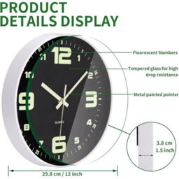 "12"" Wall Clock With Luminous Hands Numbers Silent For Kitchen Bedroom Office" - thumbnail 2