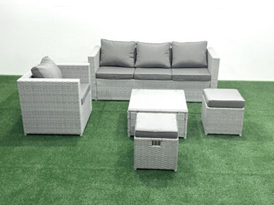 Fimous 6 Seater Rattan Garden Furniture Set 3 Seater Sofa Chair Square Coffee Table Big Stool Light Grey - image 1
