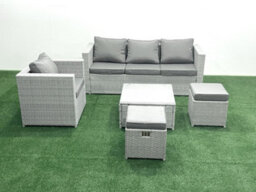 Fimous 6 Seater Rattan Garden Furniture Set 3 Seater Sofa Chair Square Coffee Table Big Stool Light Grey - thumbnail 1