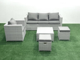 Fimous 6 Seater Rattan Garden Furniture Set 3 Seater Sofa Chair Square Coffee Table Big Stool Light Grey - thumbnail 2