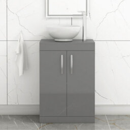 Royal Bathrooms 600mm Floor Standing Vanity Unit 2 Door Indigo Grey Gloss & Countertop Basin - Breeze - thumbnail 1