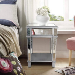 Elegant Mirrored Glass Bedside Table Nighstand Side Table Cabinet Drawer & Shelf - thumbnail 1