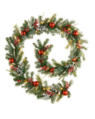 Werchristmas Green And Red Pre-Lit Decorated Frosted Garland 9 Ft - image 1
