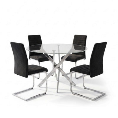 Oira Homes Modern Round Glass Dining Table Set With 4 Black Velvet Chairs 4 Seater Dining Table Set - image 1