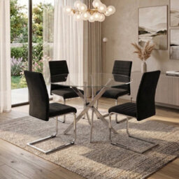 Oira Homes Modern Round Glass Dining Table Set With 4 Black Velvet Chairs 4 Seater Dining Table Set - thumbnail 2