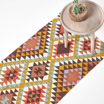 Homescapes Oslo Orange, Brown And Yellow Multi Coloured 100% Cotton Diamond Pattern Rug, 66 X 200 Cm - image 1