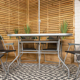Samuel Alexander 6 Person Garden Furniture Patio Set Table, 6 Chairs & Parasol With Black Glass - thumbnail 3