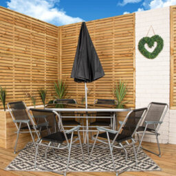 Samuel Alexander 6 Person Garden Furniture Patio Set Table, 6 Chairs & Parasol With Black Glass - thumbnail 1