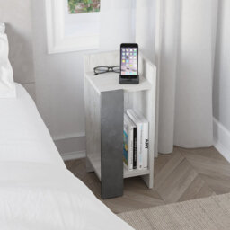 Decortie Elos Modern Narrow Bedside Table Nightstand 25Cm, 2-Tier Open Shelf Right Module, Ancient White