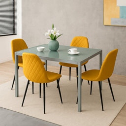 Kosy Koala Modern Grey Glass Dining Table Set With 4 Mustard Gem Pattern Chairs Dining Room Furniture