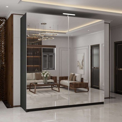 M N Furniture Ltd Wardrobe With Led Light Modern 2 Or 3 Full Length Sliding Door - Bedroom Cabinet With Drawers 150Cm,200Cm,250Cm (Black,200Cm) - image 1