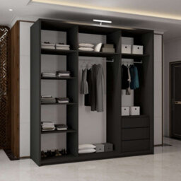 M N Furniture Ltd Wardrobe With Led Light Modern 2 Or 3 Full Length Sliding Door - Bedroom Cabinet With Drawers 150Cm,200Cm,250Cm (Black,200Cm) - thumbnail 4