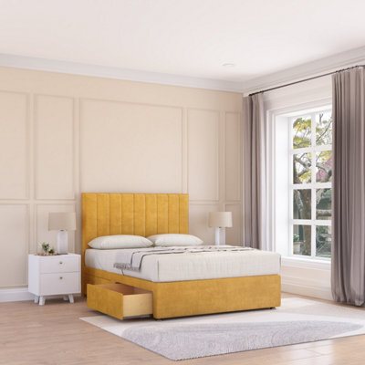 "Sloomy 4Ft Kansas Divan Bed Base Mustard Plush ,2 Drawers & 54"" Floor Standing Headboard - Small Double" - image 1