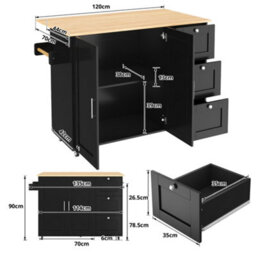 Btm Kitchen Island On Wheels, Rolling Storage Trolley, Foldable Top, 3 Drawers, 2 Doors, 135X44(70)X90Cm Black And Natural - thumbnail 4