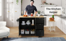 Btm Kitchen Island On Wheels, Rolling Storage Trolley, Foldable Top, 3 Drawers, 2 Doors, 135X44(70)X90Cm Black And Natural - thumbnail 7