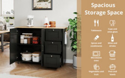 Btm Kitchen Island On Wheels, Rolling Storage Trolley, Foldable Top, 3 Drawers, 2 Doors, 135X44(70)X90Cm Black And Natural - thumbnail 6