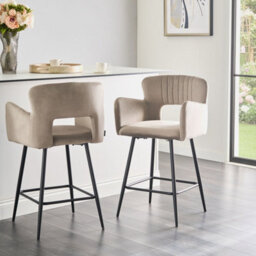 Wyld And Coco Set Of 2 Taupe Velvet Bar Chairs With Armrests And Cut-Out Backrest, Black Metal Legs - thumbnail 2