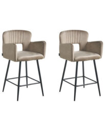 Wyld And Coco Set Of 2 Taupe Velvet Bar Chairs With Armrests And Cut-Out Backrest, Black Metal Legs - thumbnail 3
