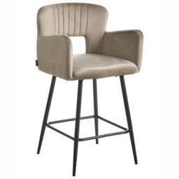 Wyld And Coco Set Of 2 Taupe Velvet Bar Chairs With Armrests And Cut-Out Backrest, Black Metal Legs - thumbnail 4