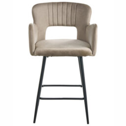 Wyld And Coco Set Of 2 Taupe Velvet Bar Chairs With Armrests And Cut-Out Backrest, Black Metal Legs - thumbnail 1
