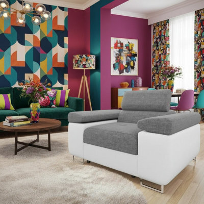 Torezio Armchair Adjustable Headrests Upholstered Freestanding Chipboard Frame Metal Legs 134X102X90Cm White And Grey - image 1