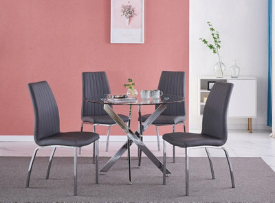 Furnizone UK Nexus 4-Seater 90Cm Round Clear Glass Dining Table And 4 Modalux Grey Chairs Faux Leather Chairs - image 1