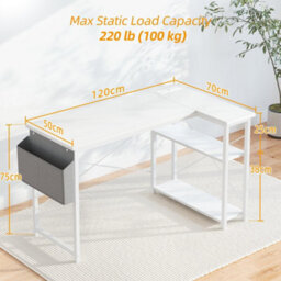 Bexevue White Small L Shaped 120X70Cm Reversible Computer Gaming Desk With Power Outlets And Storage Shelves - thumbnail 3
