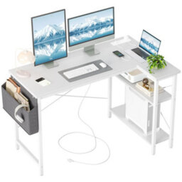 Bexevue White Small L Shaped 120X70Cm Reversible Computer Gaming Desk With Power Outlets And Storage Shelves