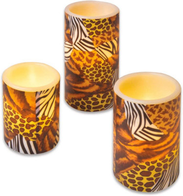 3 X Animal Print Real Wax Led Pillar Candles - Battery Powered Flickering Light Home Decoration - 1 Of Each 10, 12 & 15Cm - image 1