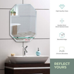 Mood Premium Octagonal Bathroom Mirror With Shelf, Wall Mounted, Frameless, Bevelled Edges (60Cm X 45Cm) - thumbnail 2
