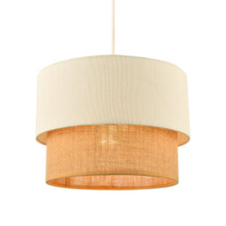 Happy Homewares Modern Designer Two Tier Cream Linen And Natural Rattan Pendant Shade - thumbnail 2