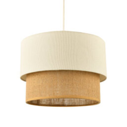 Happy Homewares Modern Designer Two Tier Cream Linen And Natural Rattan Pendant Shade