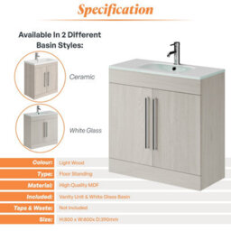 Plum&clay Novela Light Wood Floor Standing Vanity Unit With Glass Basin Bathroom Furniture (W)800mm - thumbnail 4