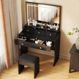 Luckracer Dressing Table With Led Lighting Mirror And Stool, Makeup Vanity Desk With Power Outlet 5 Drawers, Black - thumbnail 7