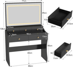 Luckracer Dressing Table With Led Lighting Mirror And Stool, Makeup Vanity Desk With Power Outlet 5 Drawers, Black - thumbnail 2