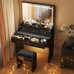 Comhoma Dressing Table With Led Lighting Mirror And Stool, Makeup Vanity Desk With Power Outlet 5 Drawers, Black